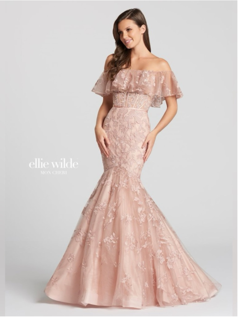 NWOT- Ellie Wilde Mon Cheri Blush Pink Off-Shoulder Lace Mermaid Gown